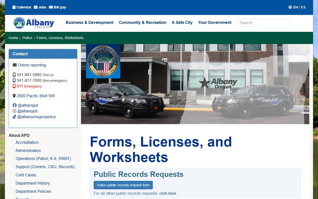Albany Police Department forms page for booking report and records requests