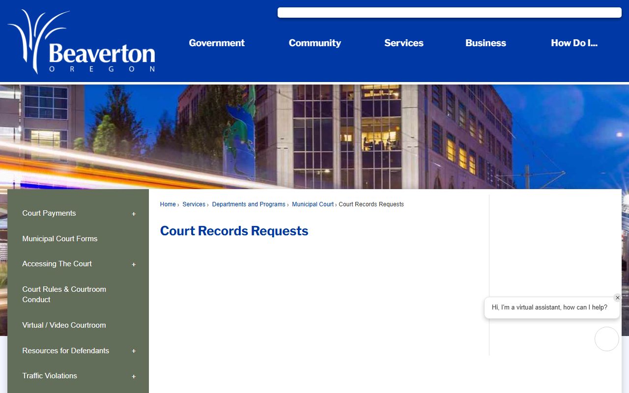 Beaverton court records request page for booking report access