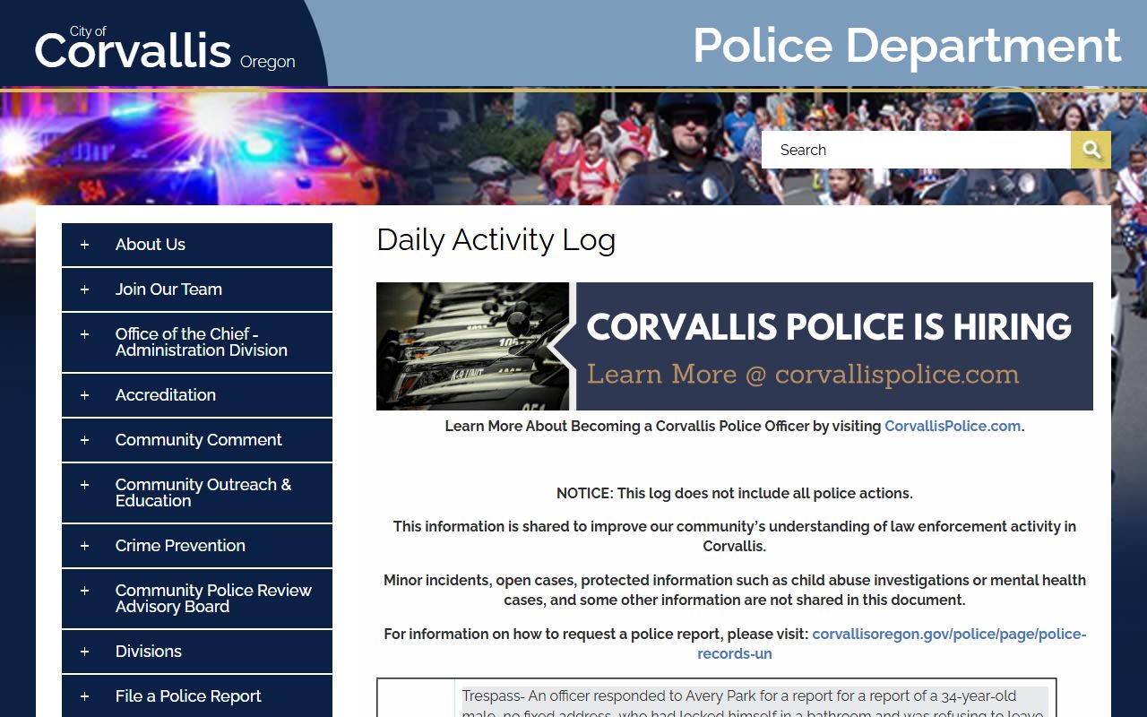 Corvallis Police Department daily activity log showing recent incidents and arrests