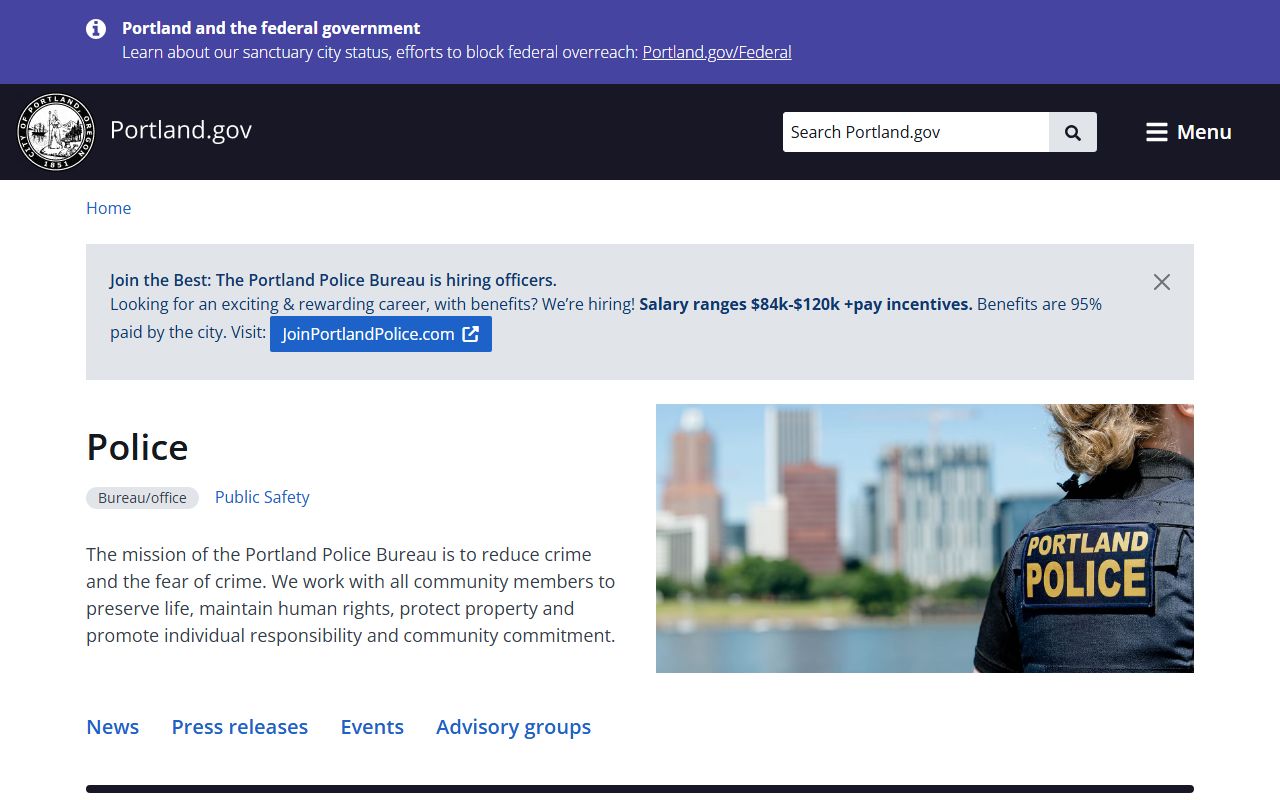 Portland Police Bureau online resources for public records and booking reports