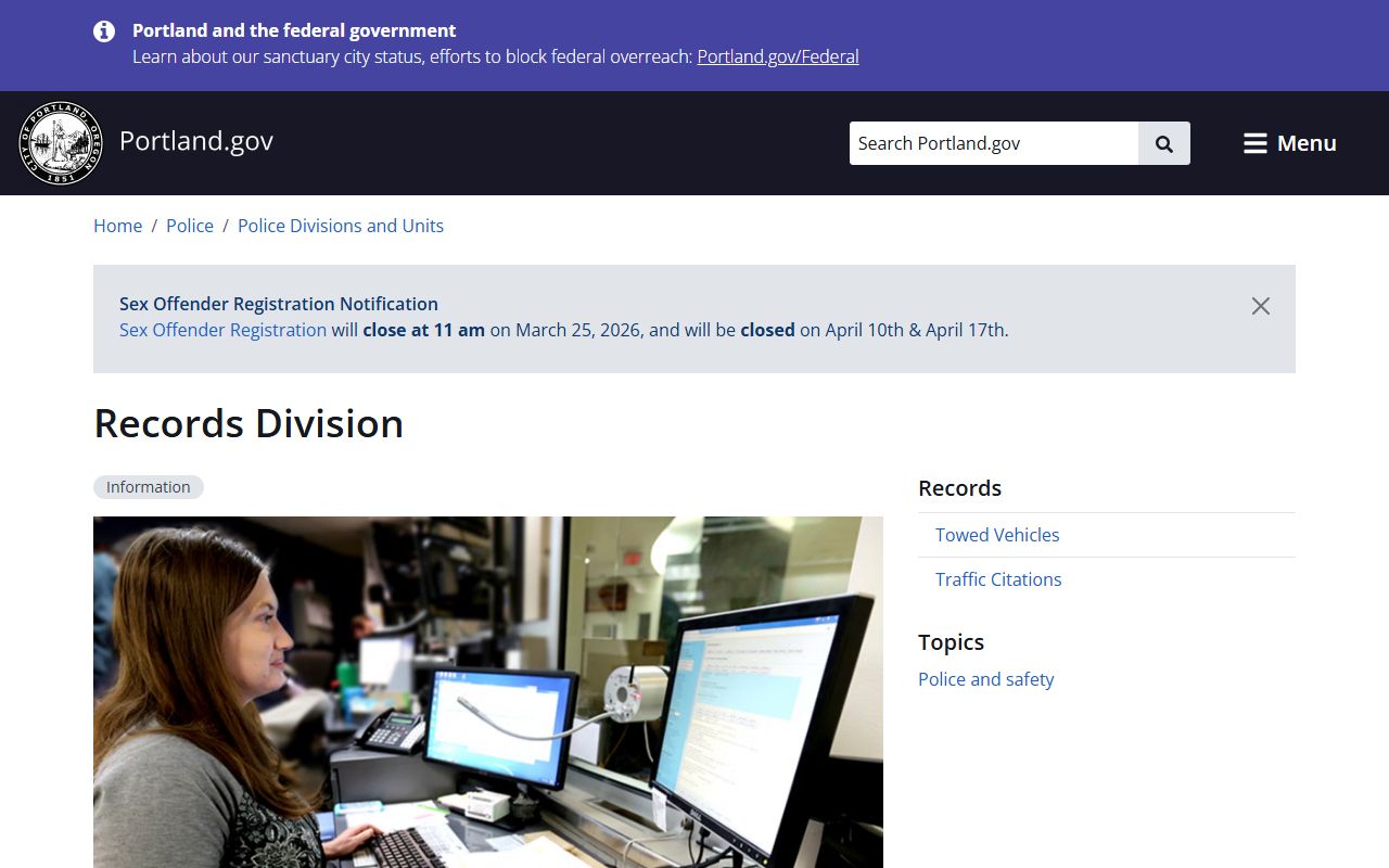 Portland Police Bureau Records Division office for booking report requests