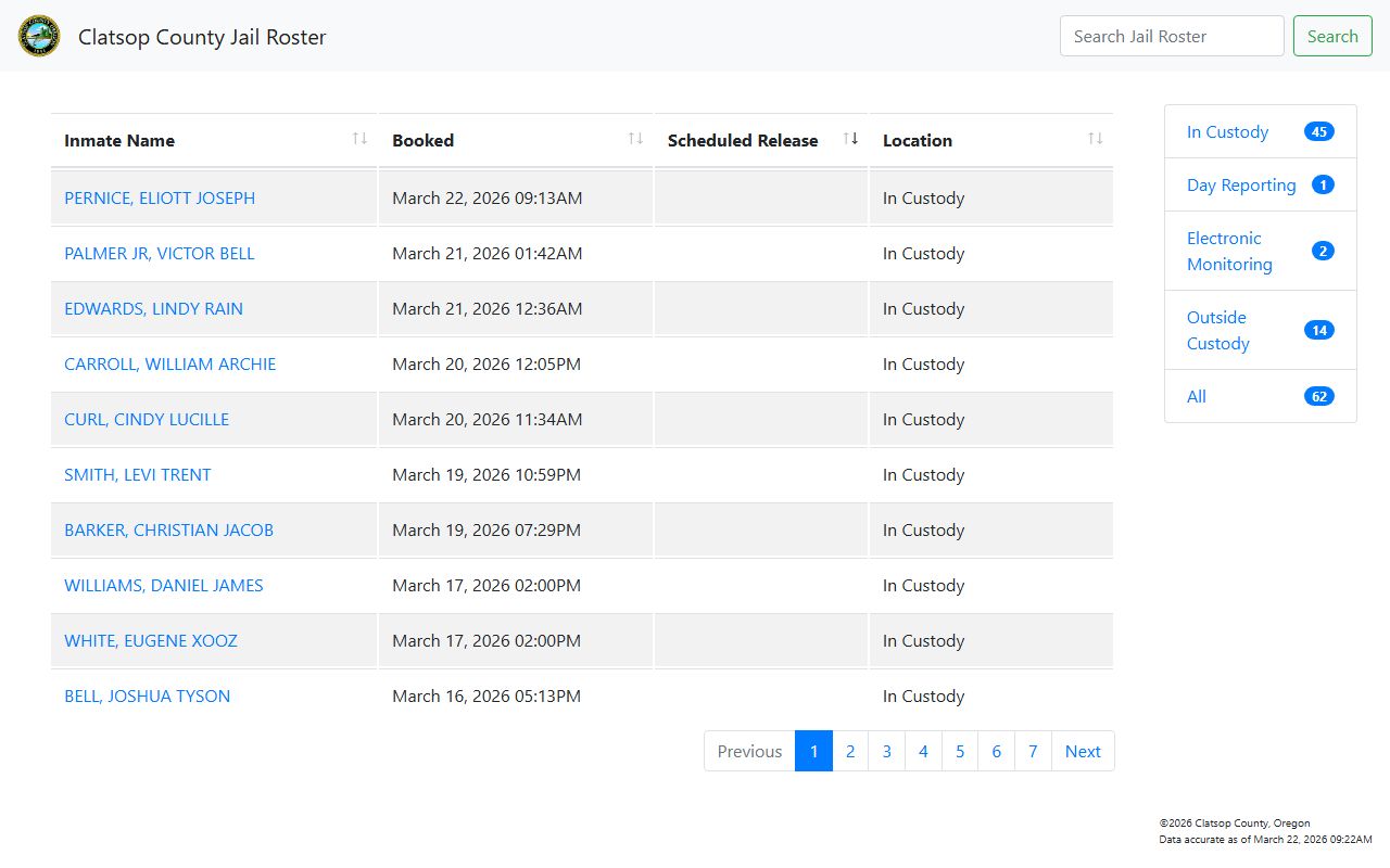 Clatsop County online jail roster with booking reports