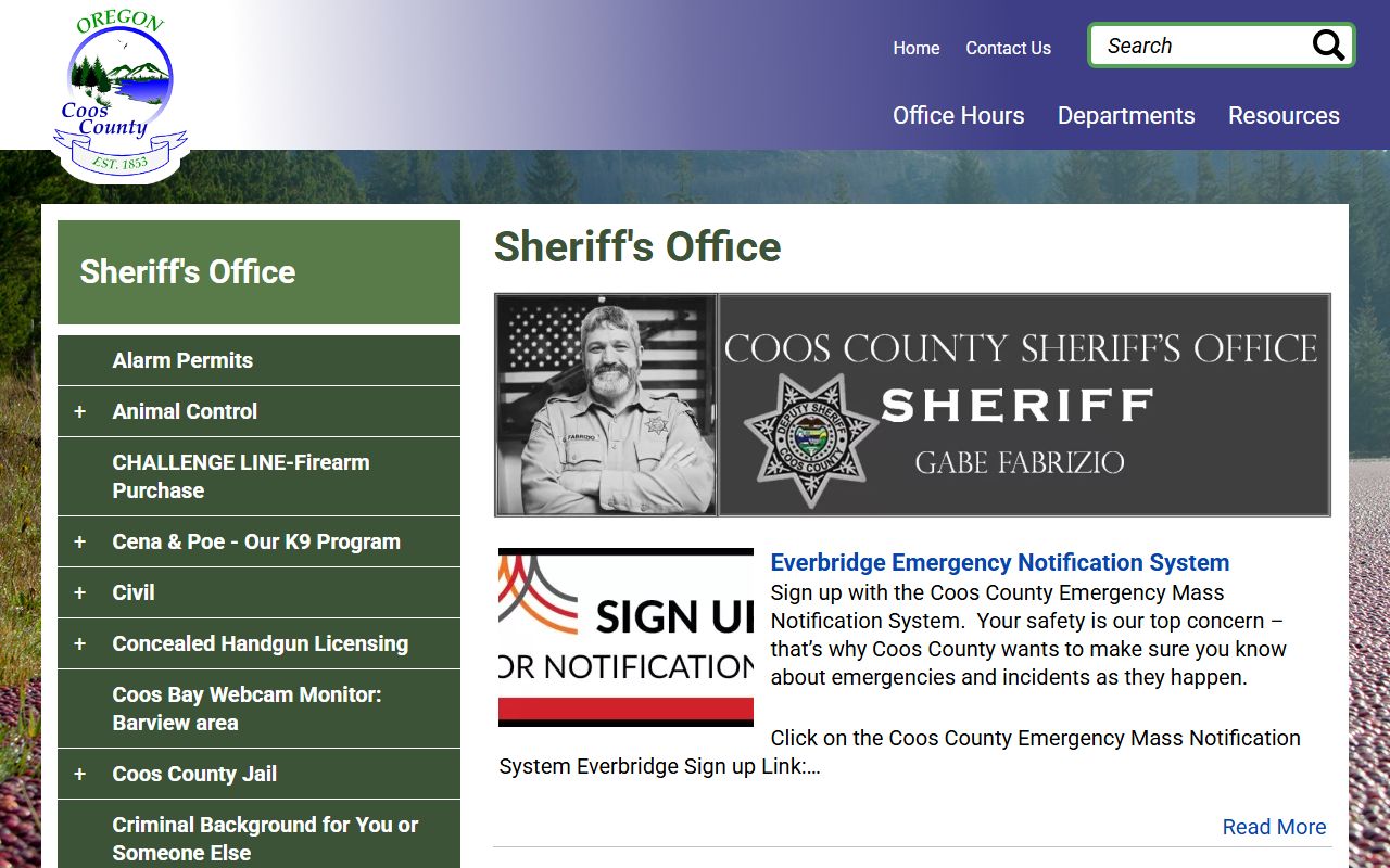 Coos County Sheriff's Office website for booking reports and jail records