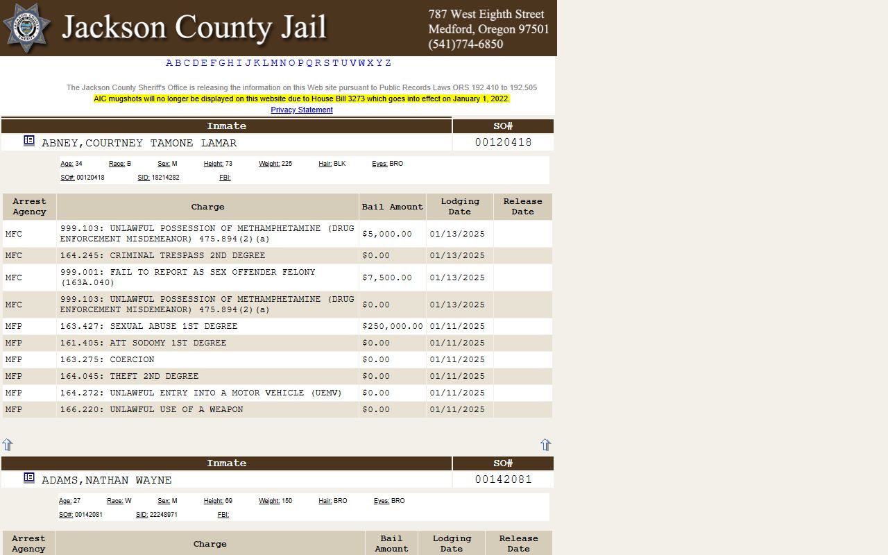 Jackson County Inmate Viewer search page for booking reports
