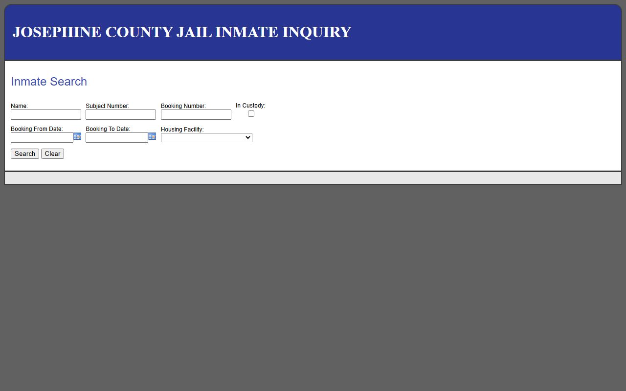 Josephine County inmate inquiry search page for booking reports