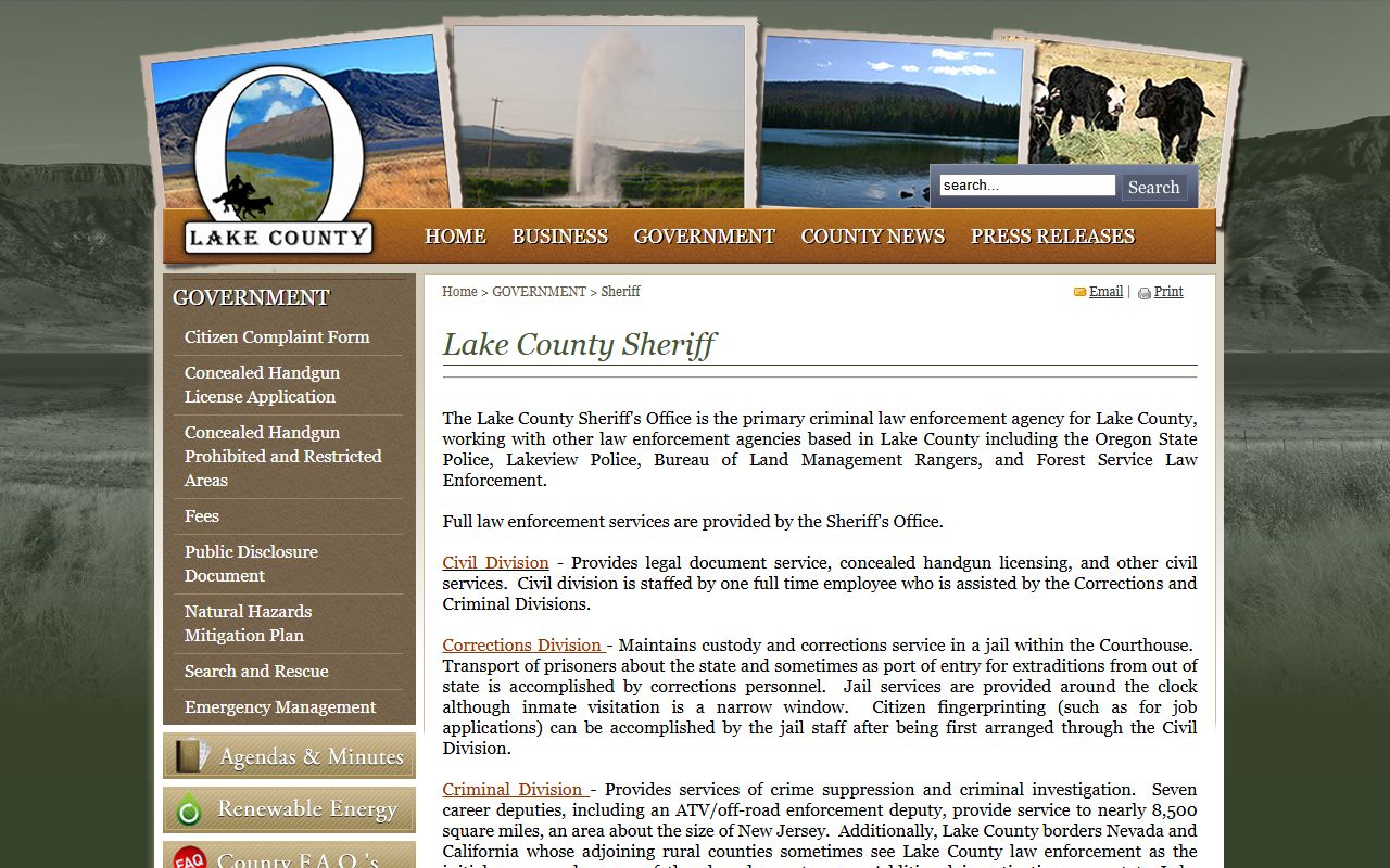 Lake County Sheriff Office page with jail and booking report contact details