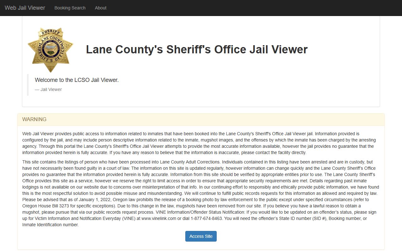 Lane County web jail viewer for searching current inmate booking reports