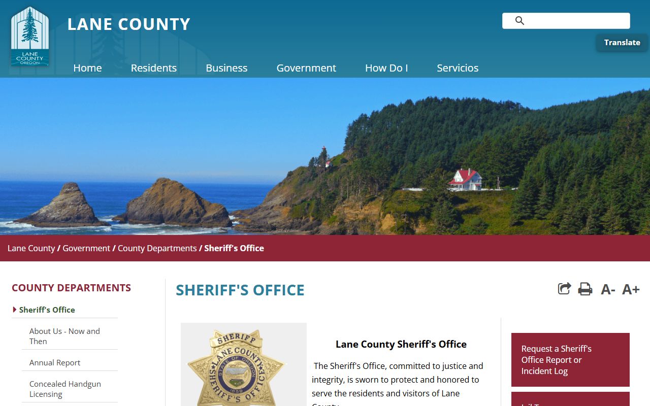 Lane County Sheriff's Office website with jail and booking report information