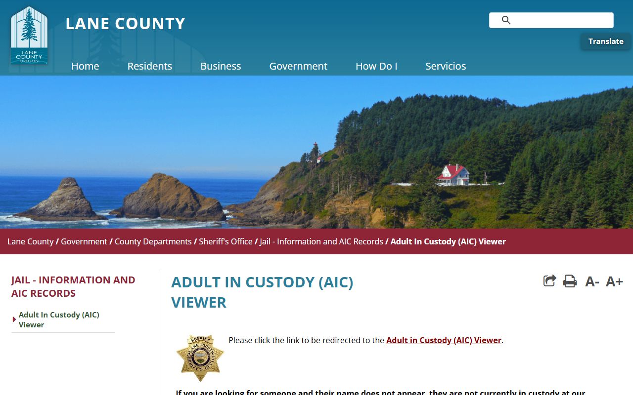 Lane County Sheriff's Office page with jail visiting and inmate record information