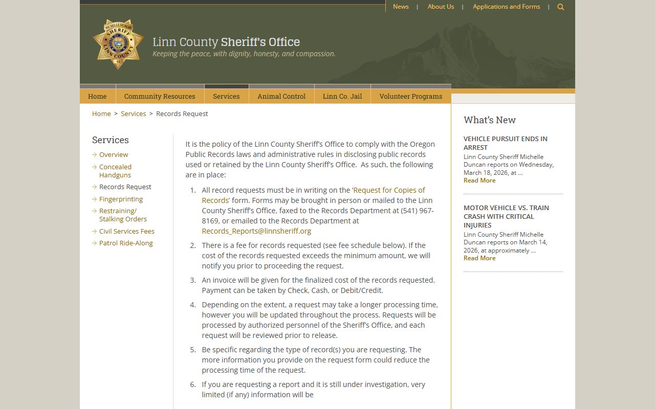 Linn County records request page for booking reports