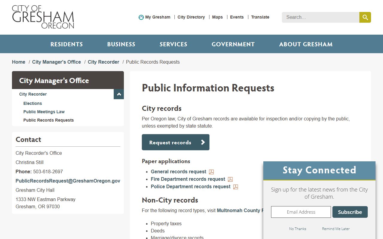 Gresham Police Department public information request page for booking reports