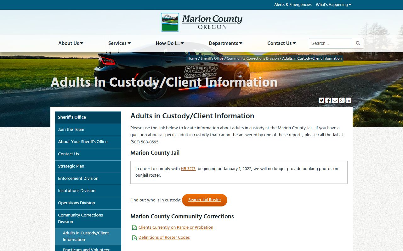 Marion County offender information page for booking reports