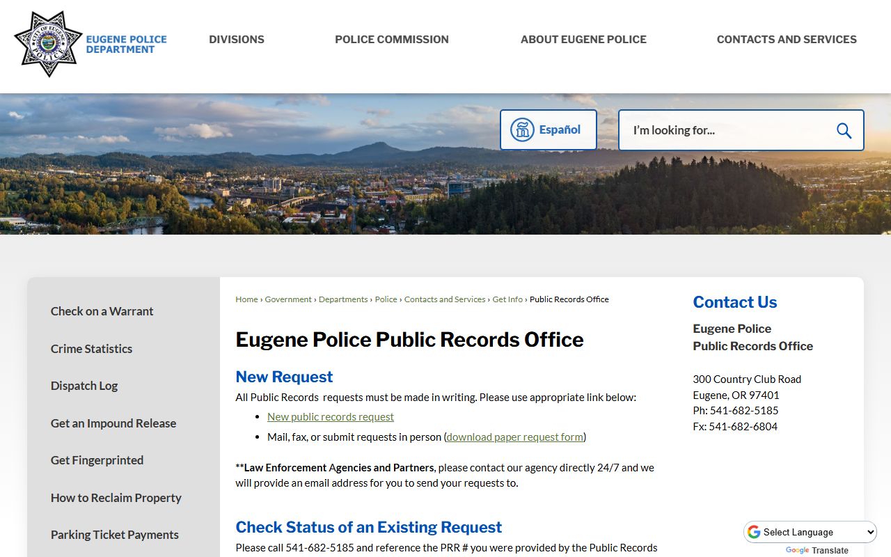 Eugene Police Department Public Records Office for booking report access