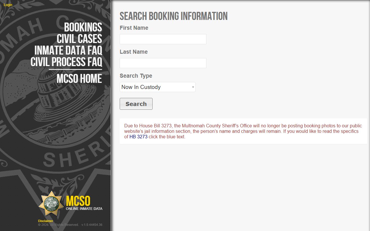 Multnomah County Inmate Data Portal for searching booking reports