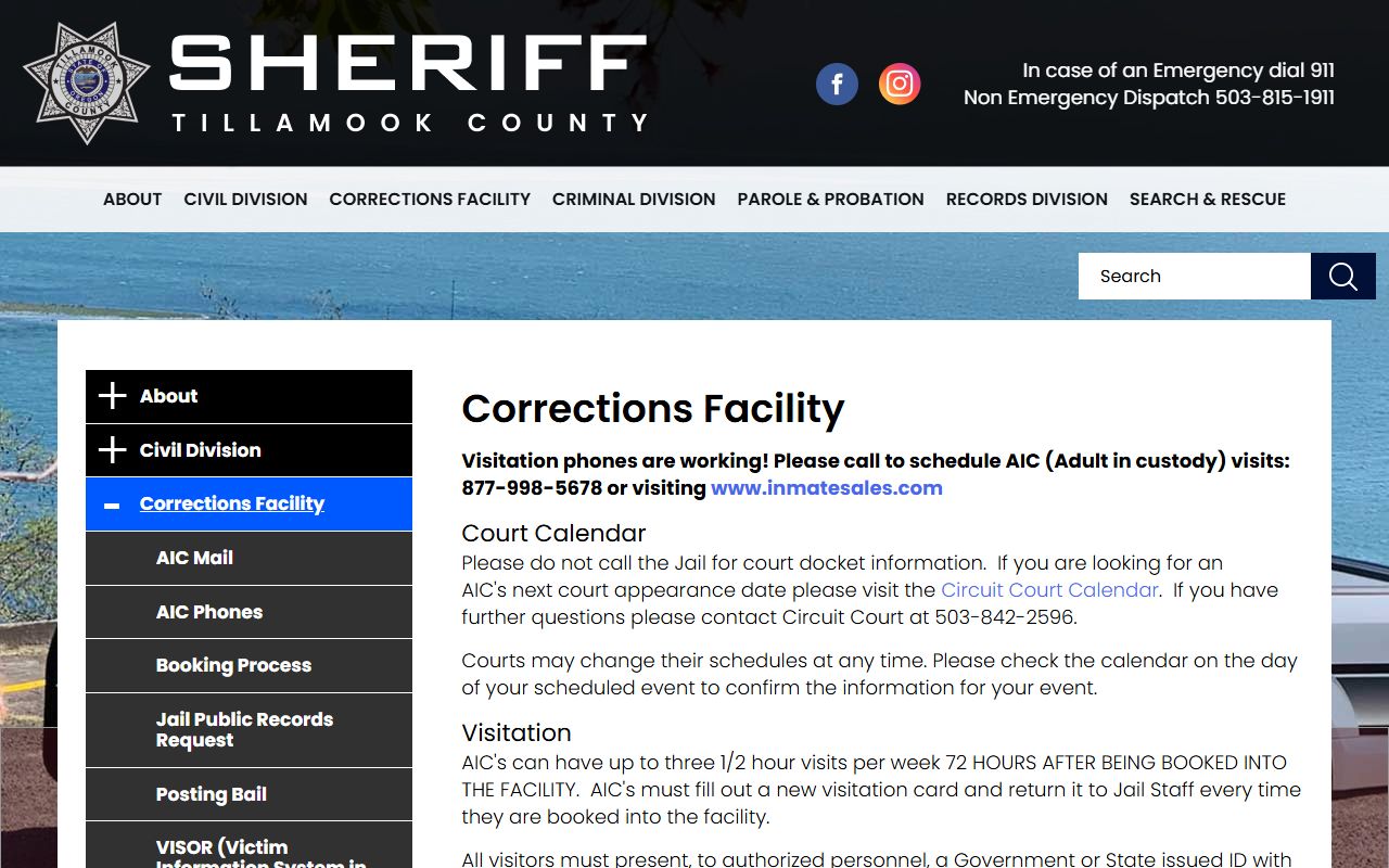Tillamook County corrections facility for booking and custody records