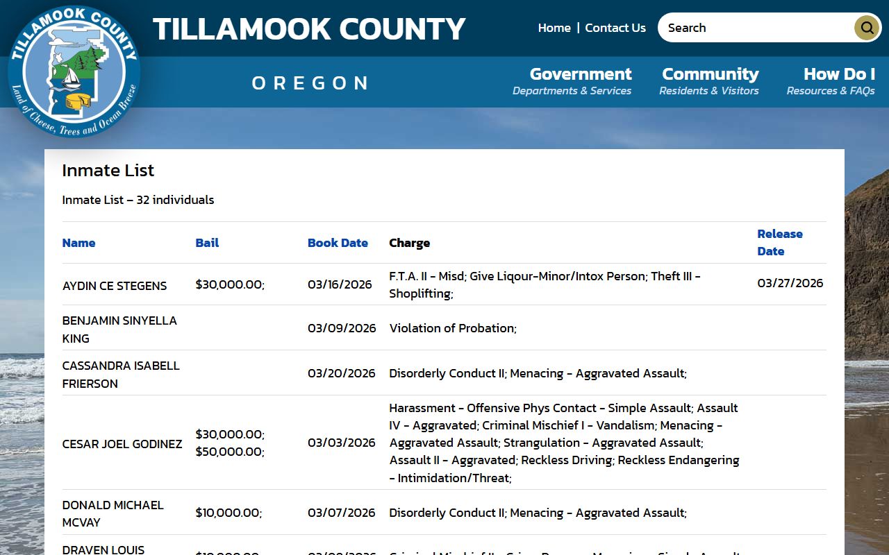 Tillamook County inmate list for searching booking reports