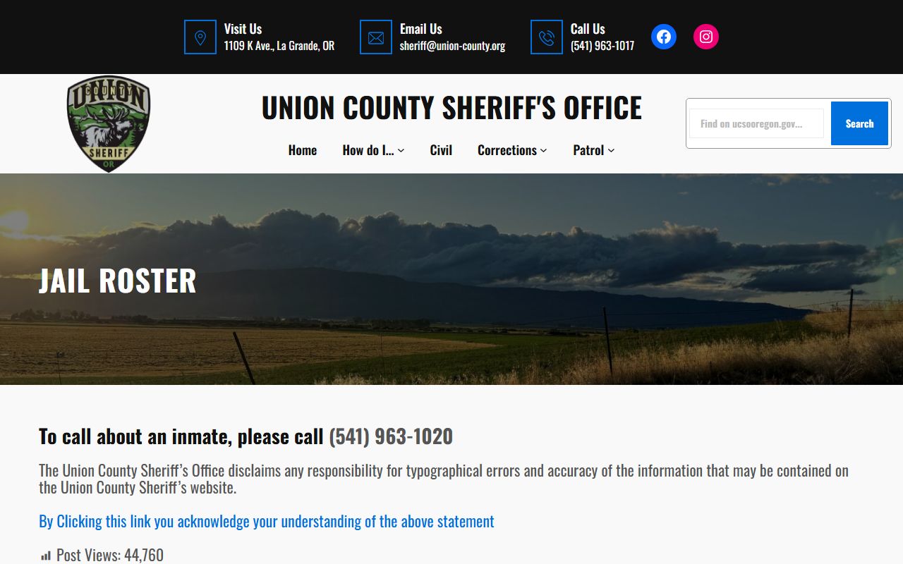 Union County jail roster page showing current inmate booking reports