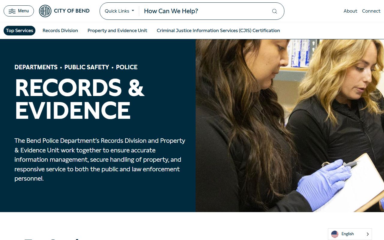 Bend Police Department records and evidence page for booking report requests