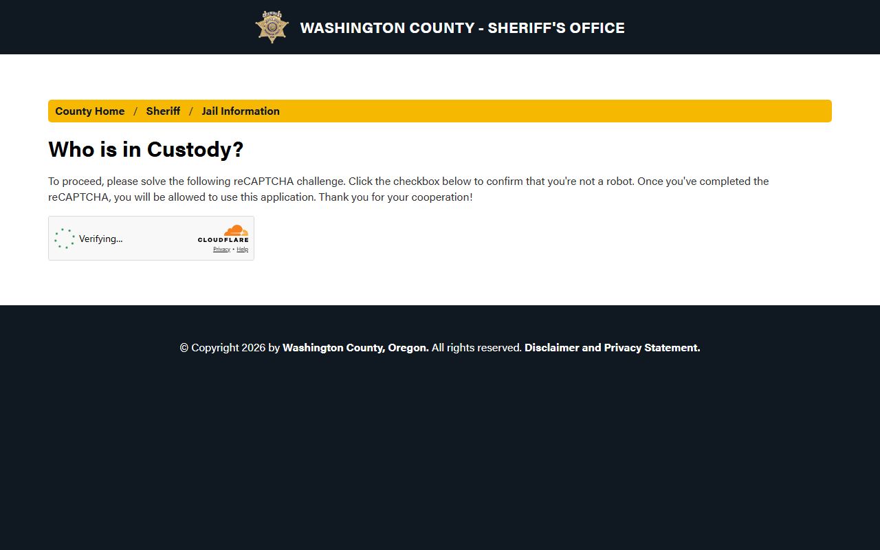 Washington County inmate custody search tool for booking reports