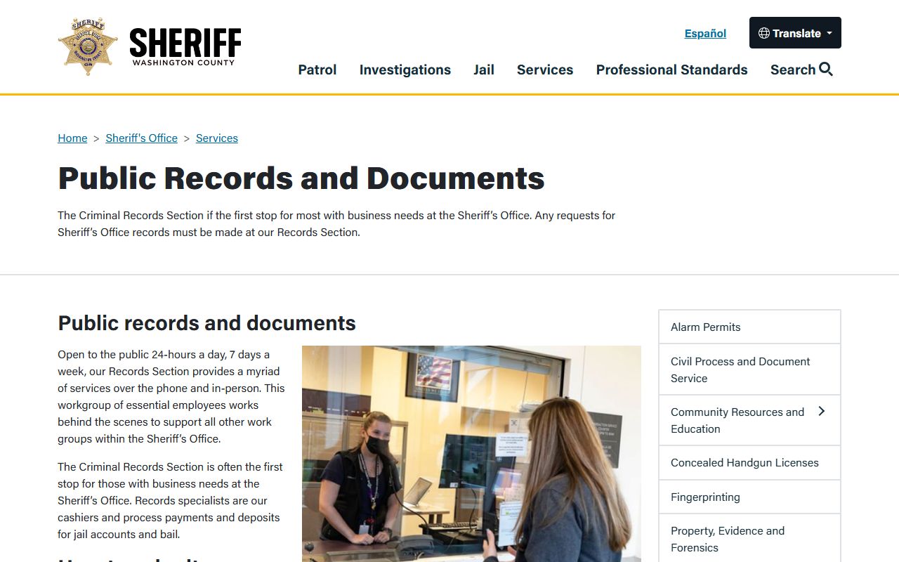 Washington County Sheriff's Office website for records and booking reports